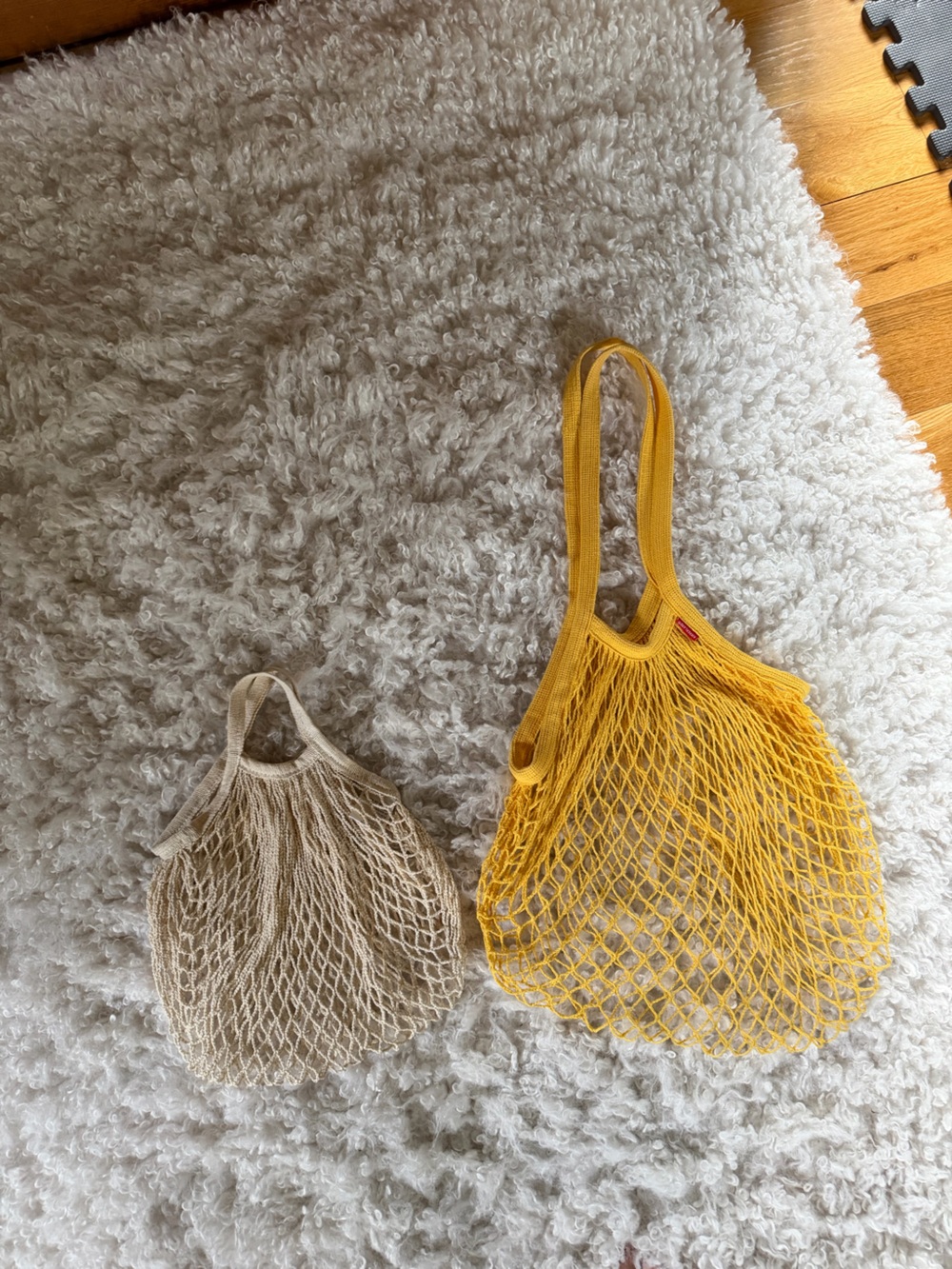 2 Reusable Mesh Tote Bags - Casual Market Shopper; 1 is Off-White; 1 Pretty Yell